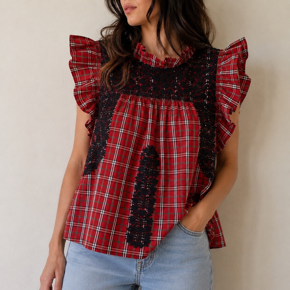 J. Marie Red Plaid Embroidered Ruffle Top Medium Festive Holiday Boho Preppy